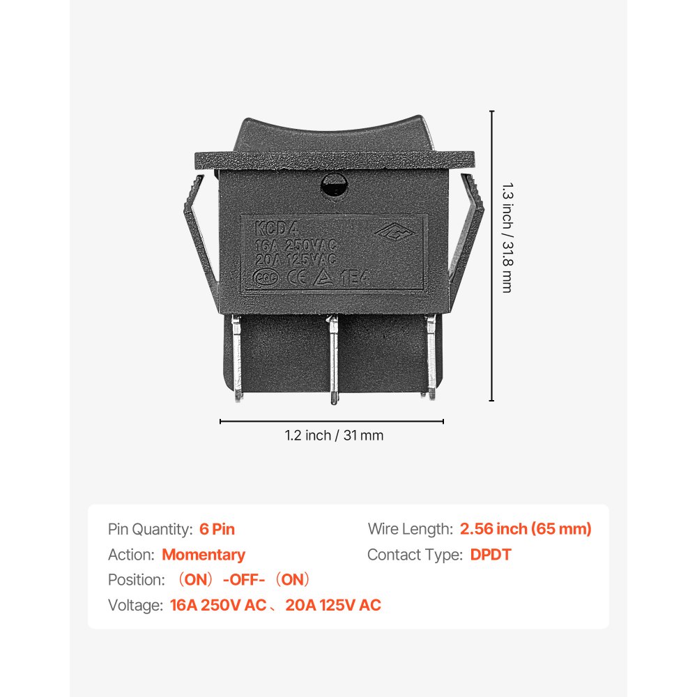 VEVOR Rocker Switch, 6 Pin Momentary DPDT Rocker Switch, 3-Position (ON)-Off-(ON) Polarity Reversing Switch AC 250V/16A 125V/ 20A for Auto Car Boat Household Appliances