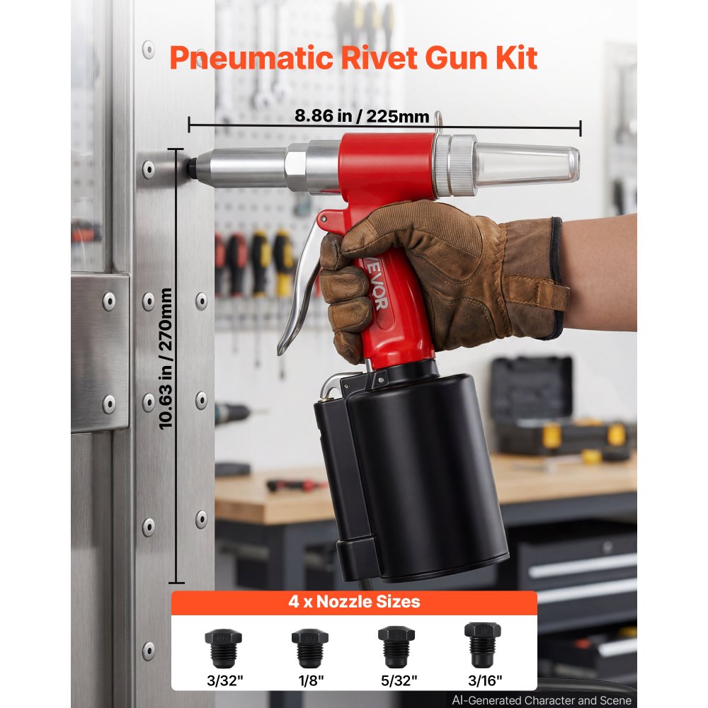 VEVOR Pneumatic Rivet Gun Kit with 3/32" 1/8" 5/32" 3/16" Nosepieces, 2425 LBS Pulling Force, 3-Claw Secure Grip, Air Pop Riveter Tool for Automotive, Construction, Industrial Manufacturing