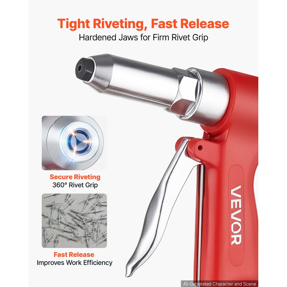 VEVOR Pneumatic Rivet Gun Kit with 3/32" 1/8" 5/32" 3/16" Nosepieces, 2425 LBS Pulling Force, 3-Claw Secure Grip, Air Pop Riveter Tool for Automotive, Construction, Industrial Manufacturing