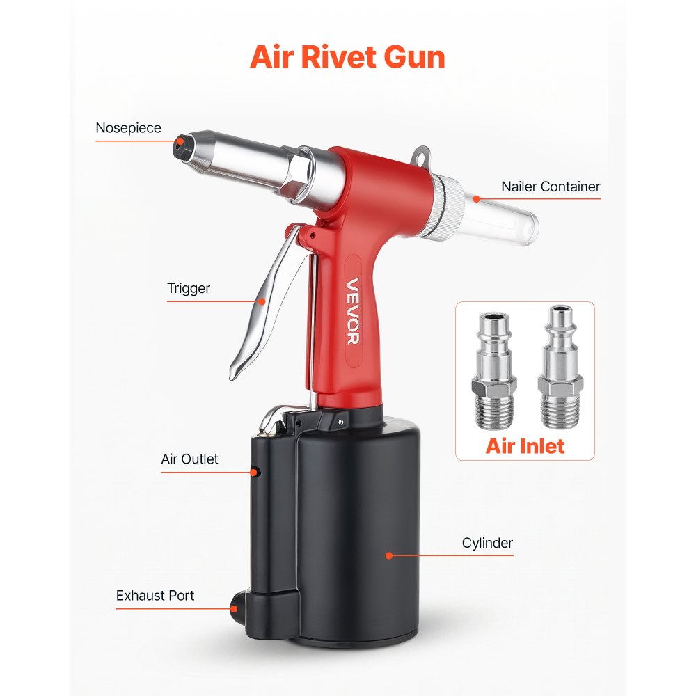 VEVOR Pneumatic Rivet Gun Kit with 3/32" 1/8" 5/32" 3/16" Nosepieces, 2425 LBS Pulling Force, 3-Claw Secure Grip, Air Pop Riveter Tool for Automotive, Construction, Industrial Manufacturing