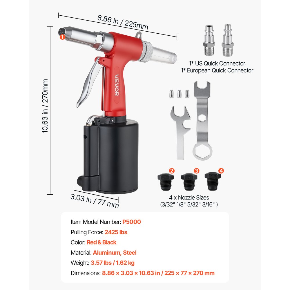 VEVOR Pneumatic Rivet Gun Kit with 3/32" 1/8" 5/32" 3/16" Nosepieces, 2425 LBS Pulling Force, 3-Claw Secure Grip, Air Pop Riveter Tool for Automotive, Construction, Industrial Manufacturing