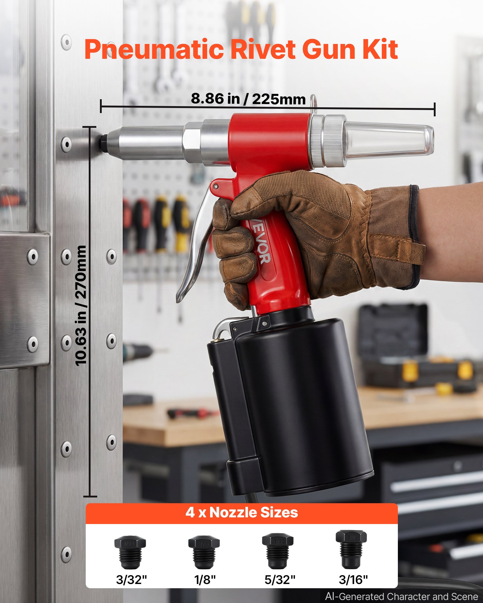 VEVOR Pneumatic Rivet Gun Kit with 3/32" 1/8" 5/32" 3/16" Nosepieces, 2425 LBS Pulling Force, 3-Claw Secure Grip, Air Pop Riveter Tool for Automotive, Construction, Industrial Manufacturing