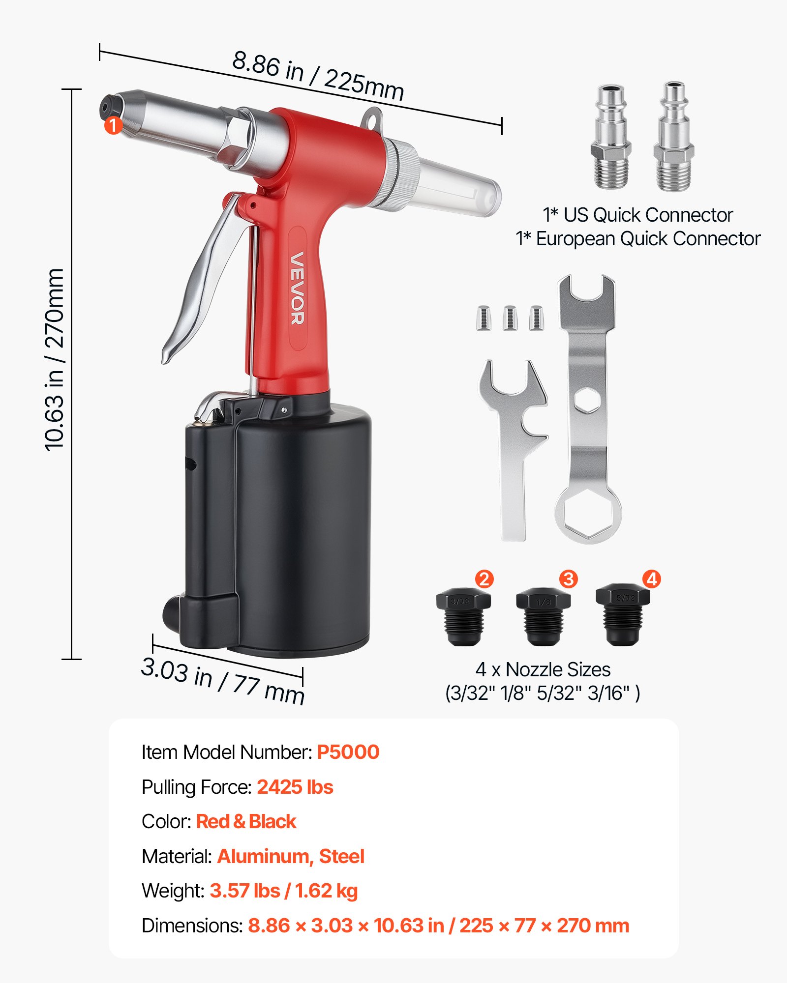 VEVOR Pneumatic Rivet Gun Kit with 3/32" 1/8" 5/32" 3/16" Nosepieces, 2425 LBS Pulling Force, 3-Claw Secure Grip, Air Pop Riveter Tool for Automotive, Construction, Industrial Manufacturing