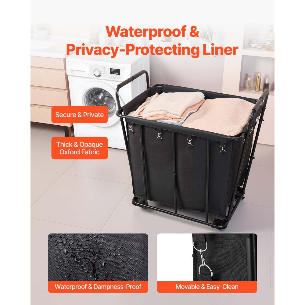 VEVOR Laundry Cart, Rolling Grocery Utility Cart with Waterproof Liner & Swivel Wheels, 260 LBS Large Load Capacity, Heavy Duty Shopping Basket for Laundry, Shopping, Camping, Grocery, Luggage, Black