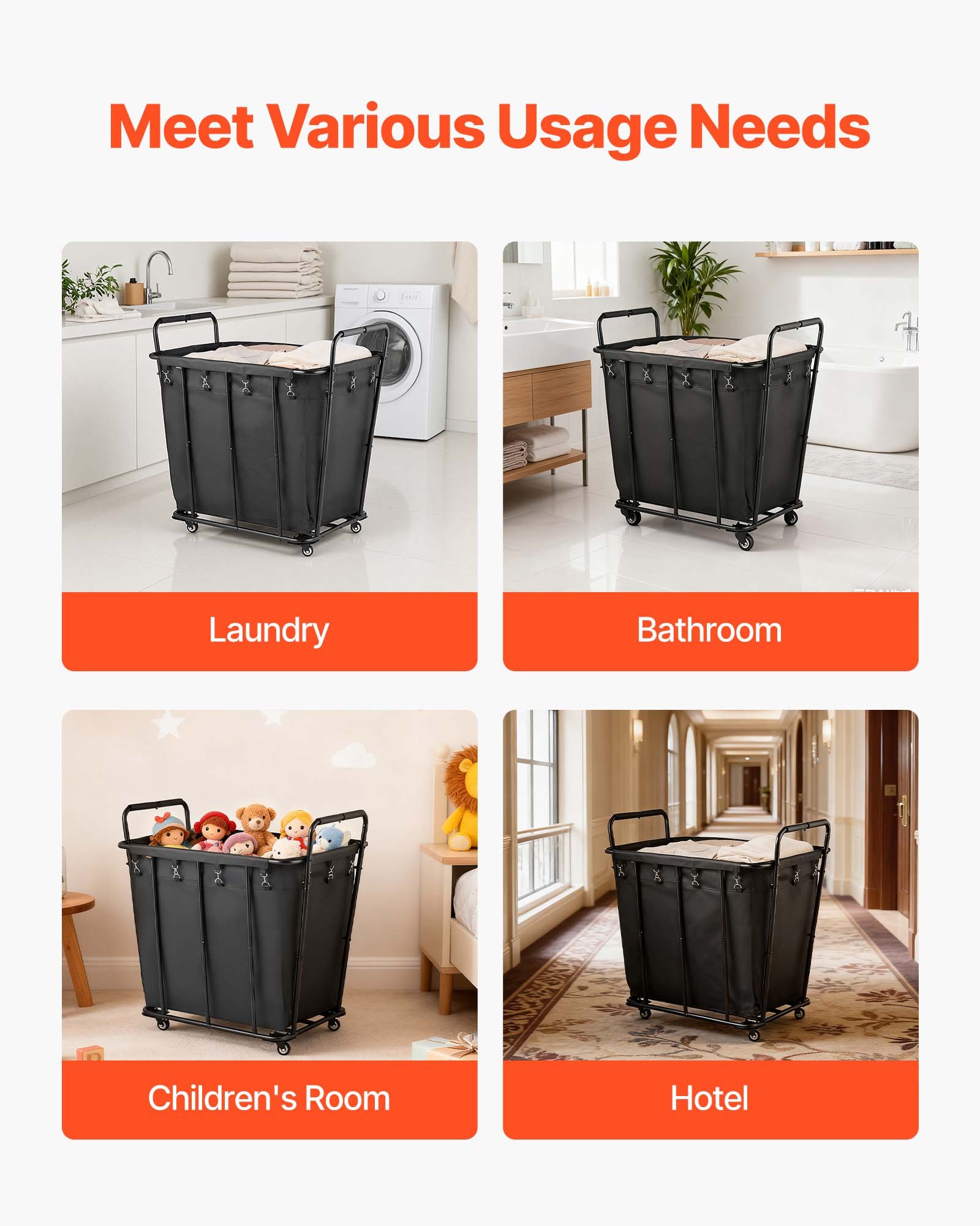 VEVOR Laundry Cart, Rolling Grocery Utility Cart with Waterproof Liner & Swivel Wheels, 260 LBS Large Load Capacity, Heavy Duty Shopping Basket for Laundry, Shopping, Camping, Grocery, Luggage, Black