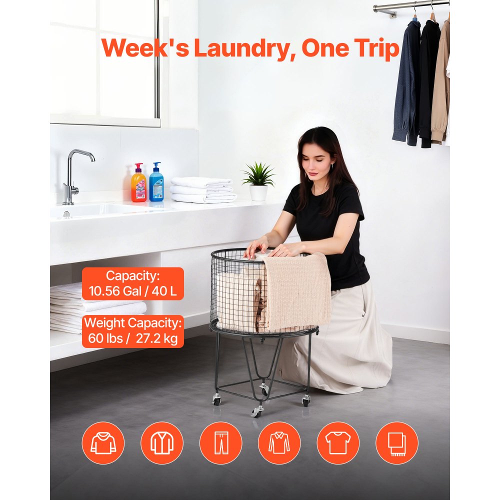 VEVOR Laundry Cart, Rolling Round Grocery Utility Cart with 360° Swivel Wheels, 60 LBS Large Load Capacity, Heavy Duty Carbon Steel Shopping Basket for Laundry, Shopping, Camping, Grocery, Luggage