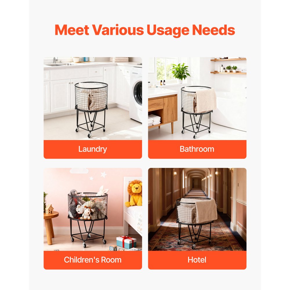 VEVOR Laundry Cart, Rolling Round Grocery Utility Cart with 360° Swivel Wheels, 60 LBS Large Load Capacity, Heavy Duty Carbon Steel Shopping Basket for Laundry, Shopping, Camping, Grocery, Luggage