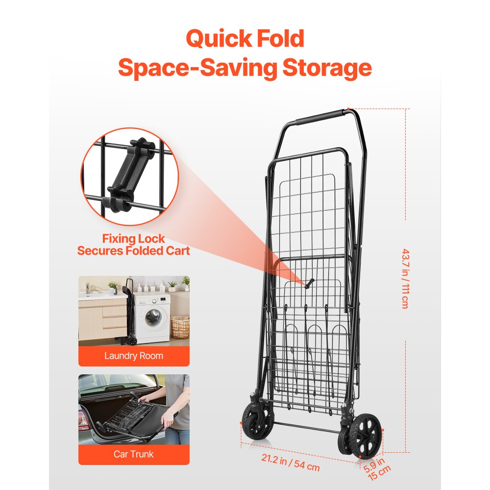 VEVOR Shopping Cart, Folding Grocery Utility Cart with Dual Baskets, Waterproof Liner & Wheels, 100 LBS Large Load Capacity, Heavy Duty Laundry Basket for Laundry, Shopping, Camping, Grocery, Luggage