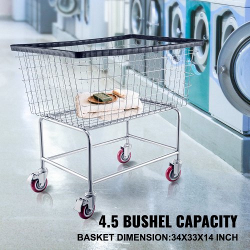 VEVOR Wire Laundry Cart, 4.5 Bushel Wire Laundry Basket with Wheels, 35''x15.7''x22'' Commercial Wire Laundry Basket Cart, Steel Frame with Chrome Finish, 5'' Casters, Wire Basket Cart for Laundry