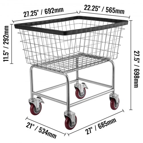 VEVOR Wire Laundry Cart, 2.5 Bushel Wire Laundry Basket with Wheels, 21''x27''x27.5'' Commercial Wire Laundry Basket Cart, Steel Frame with Chrome Finish, 4inch Casters, Wire Basket Cart For Laundry