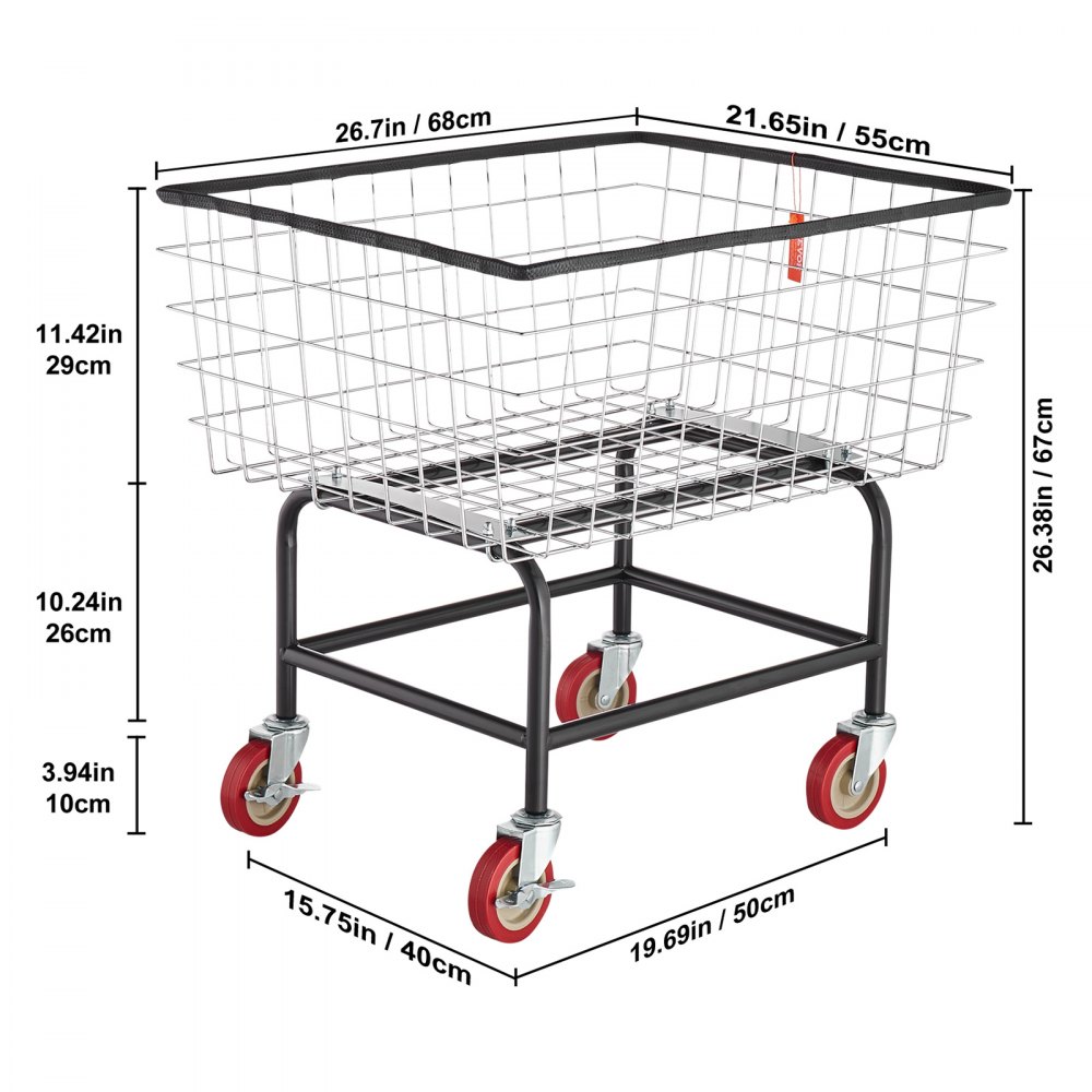 VEVOR Wire Laundry Cart, 2.8Bushel Wire Laundry Basket with Wheels, 26.7''x21.7''x26.4'' Commercial Wire Laundry Basket Cart, Steel Frame with Chrome Finish, 4" Casters, Wire Basket Cart for Laundry