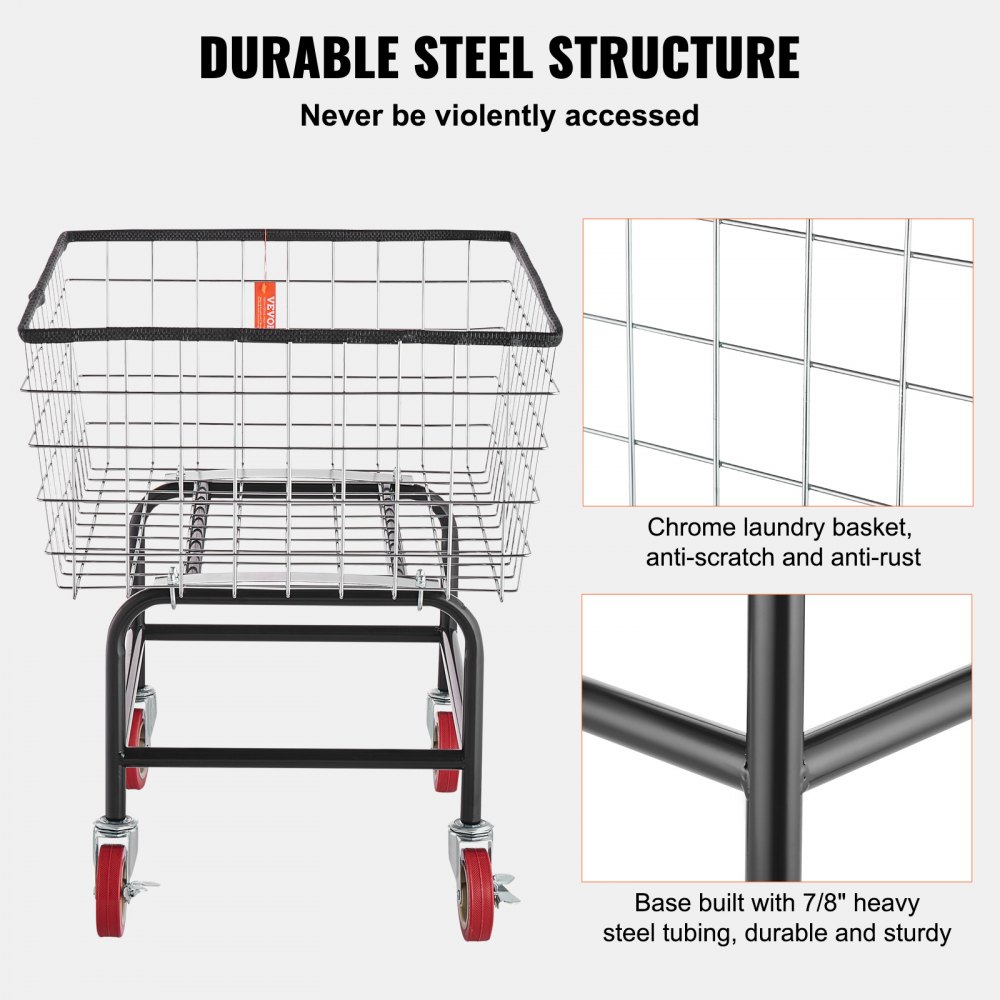 VEVOR Wire Laundry Cart, 2.8Bushel Wire Laundry Basket with Wheels, 26.7''x21.7''x26.4'' Commercial Wire Laundry Basket Cart, Steel Frame with Chrome Finish, 4" Casters, Wire Basket Cart for Laundry