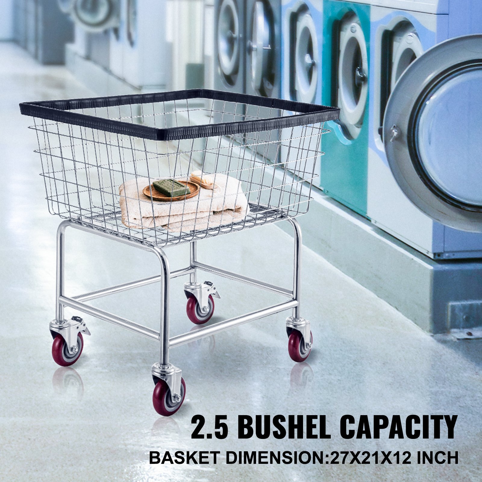 VEVOR Wire Laundry Cart, 2.8Bushel Wire Laundry Basket with Wheels, 26.7''x21.7''x26.4'' Commercial Wire Laundry Basket Cart, Steel Frame with Chrome Finish, 4" Casters, Wire Basket Cart for Laundry