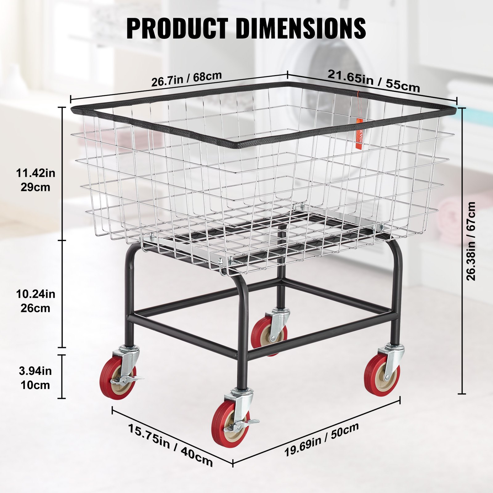 VEVOR Wire Laundry Cart, 2.8Bushel Wire Laundry Basket with Wheels, 26.7''x21.7''x26.4'' Commercial Wire Laundry Basket Cart, Steel Frame with Chrome Finish, 4" Casters, Wire Basket Cart for Laundry