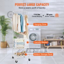 VEVOR Metal Rolling Laundry Basket with Hanging Garment Rack, Height Adjustment Laundry Hamper Cart with Basket Load and Shelf Load, Storage Organizer with Heavy Duty Lockable Wheels