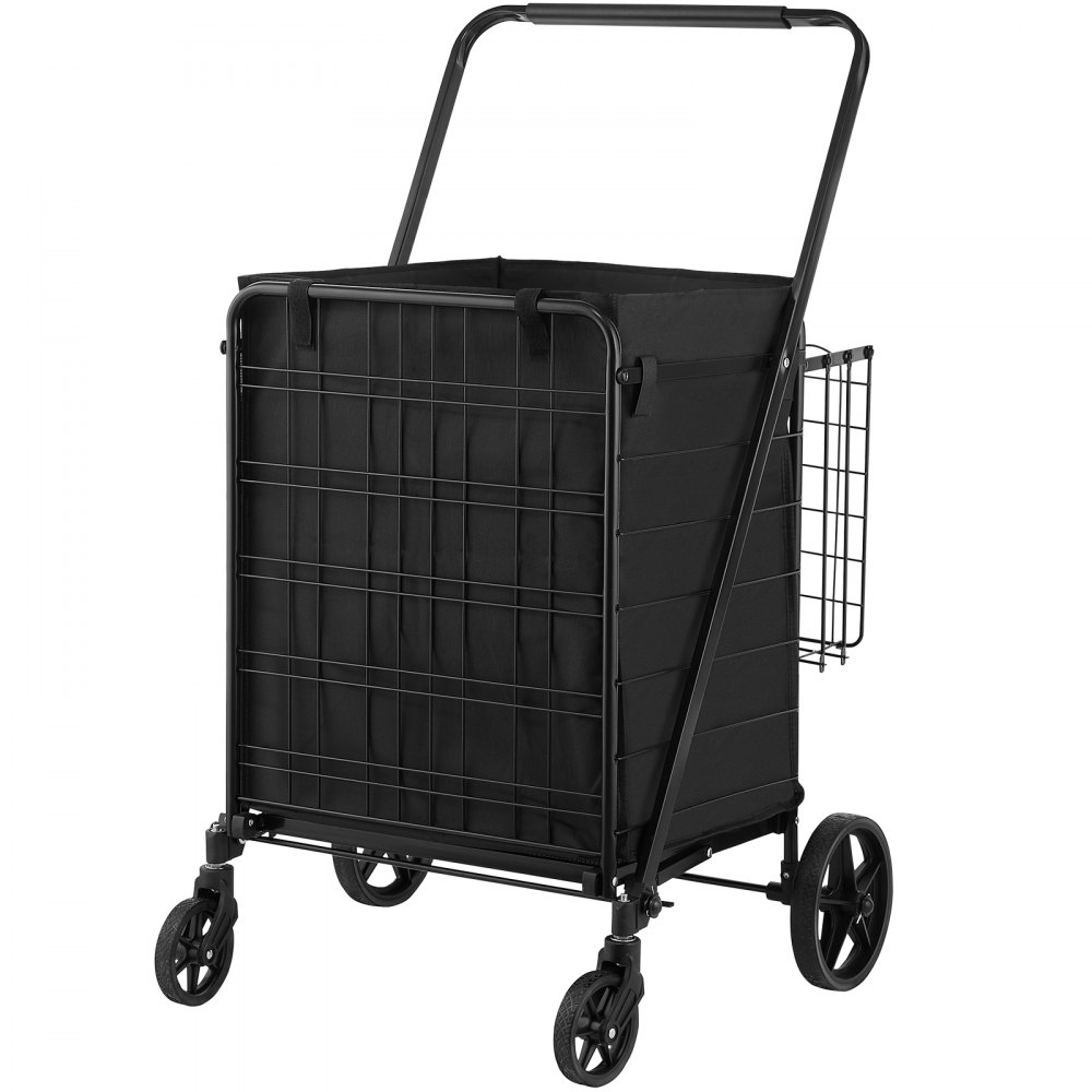 VEVOR Folding Shopping Cart with Removable Waterproof Liner, 210LBS Large Capacity Jumbo Grocery Cart with Dual Basket, 360° Swivel Wheels, Dense Metal Mesh Base, Heavy Duty Utility Cart for Shopping
