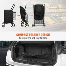 VEVOR Folding Shopping Cart with Removable Waterproof Liner, 330LBS Large Capacity Jumbo Grocery Cart with Dual Basket, 360° Swivel Wheels, Dense Metal Mesh Base, Heavy Duty Utility Cart for Shopping