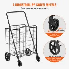 VEVOR Folding Shopping Cart, Jumbo Grocery Cart with Double Baskets, 360° Swivel Wheels, Heavy Duty Utility Cart, 110 LBS Large Capacity Utility Cart for Laundry, Shopping, Grocery, Luggage