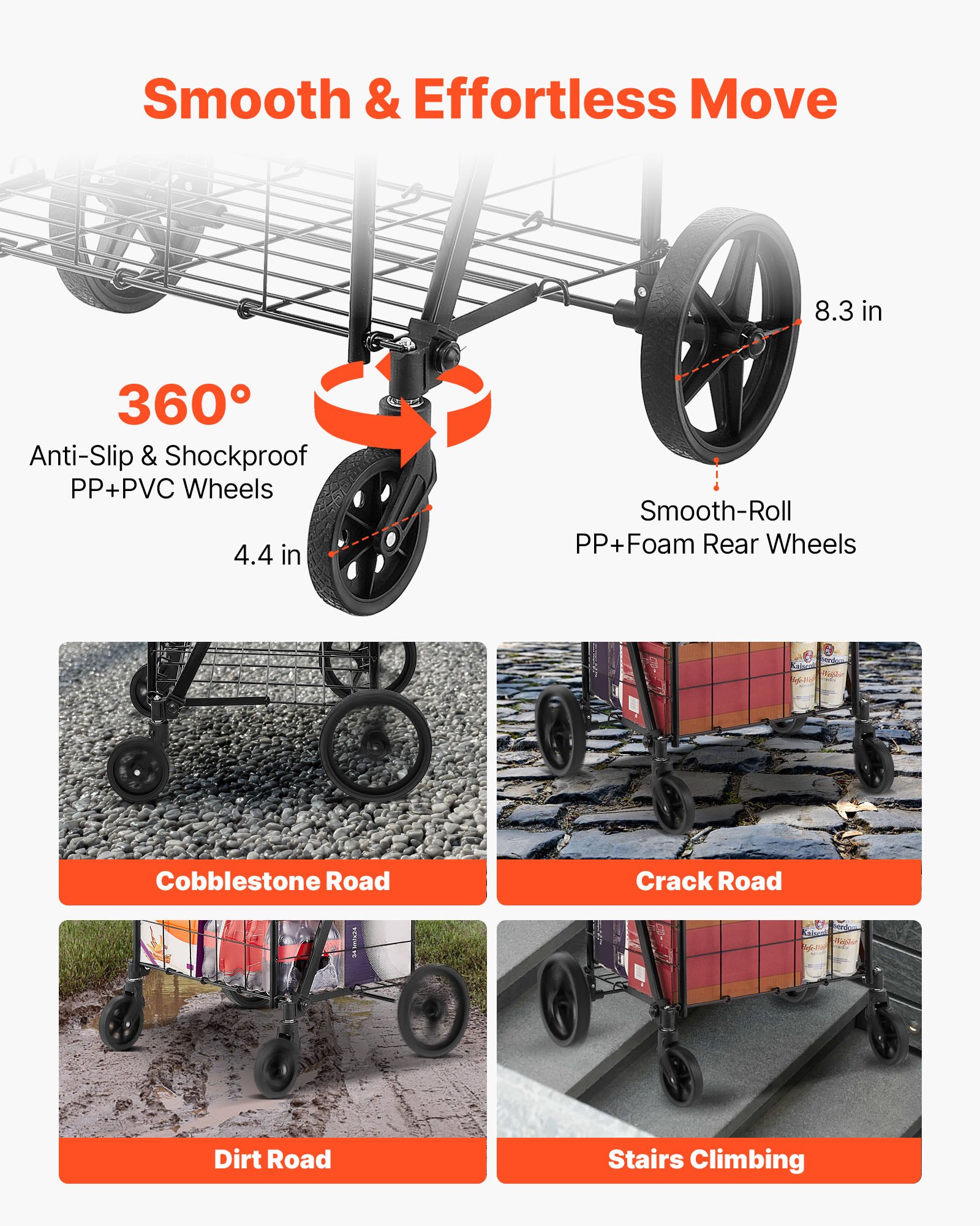 VEVOR Folding Shopping Cart, Jumbo Grocery Cart with Double Baskets, 360° Swivel Wheels, Heavy Duty Utility Cart, 110 LBS Large Capacity Utility Cart for Laundry, Shopping, Grocery, Luggage