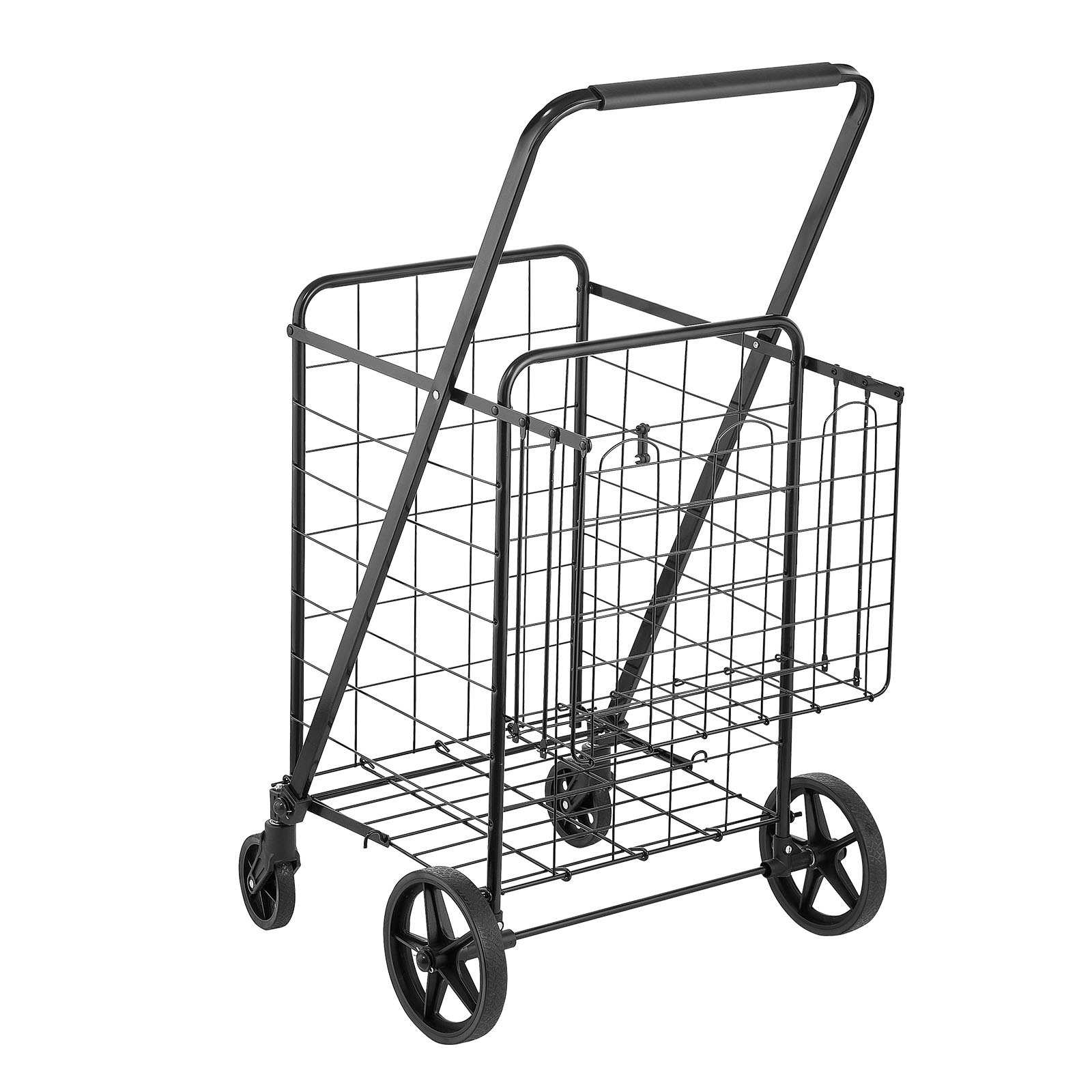 VEVOR Folding Shopping Cart, Jumbo Grocery Cart with Double Baskets, 360° Swivel Wheels, Heavy Duty Utility Cart, 110 LBS Large Capacity Utility Cart for Laundry, Shopping, Grocery, Luggage