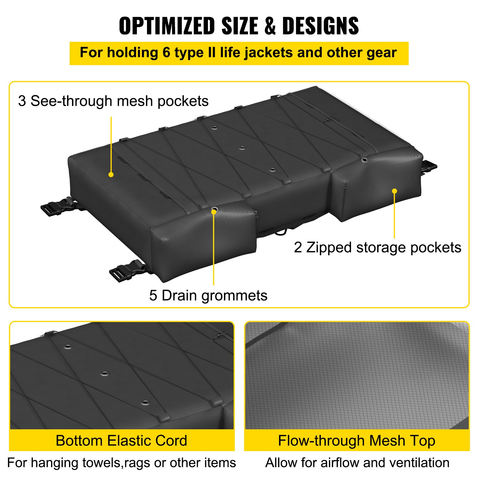 VEVOR T-Top Storage Bag, for 6 Type II Life Jackets, with a Boat Trash Bag, 600D Oxford Fabric Life Vests Storage Bag for Most T-Top Boats, Bimini Tops and Pontoon Tops (Life Jackets not Included)