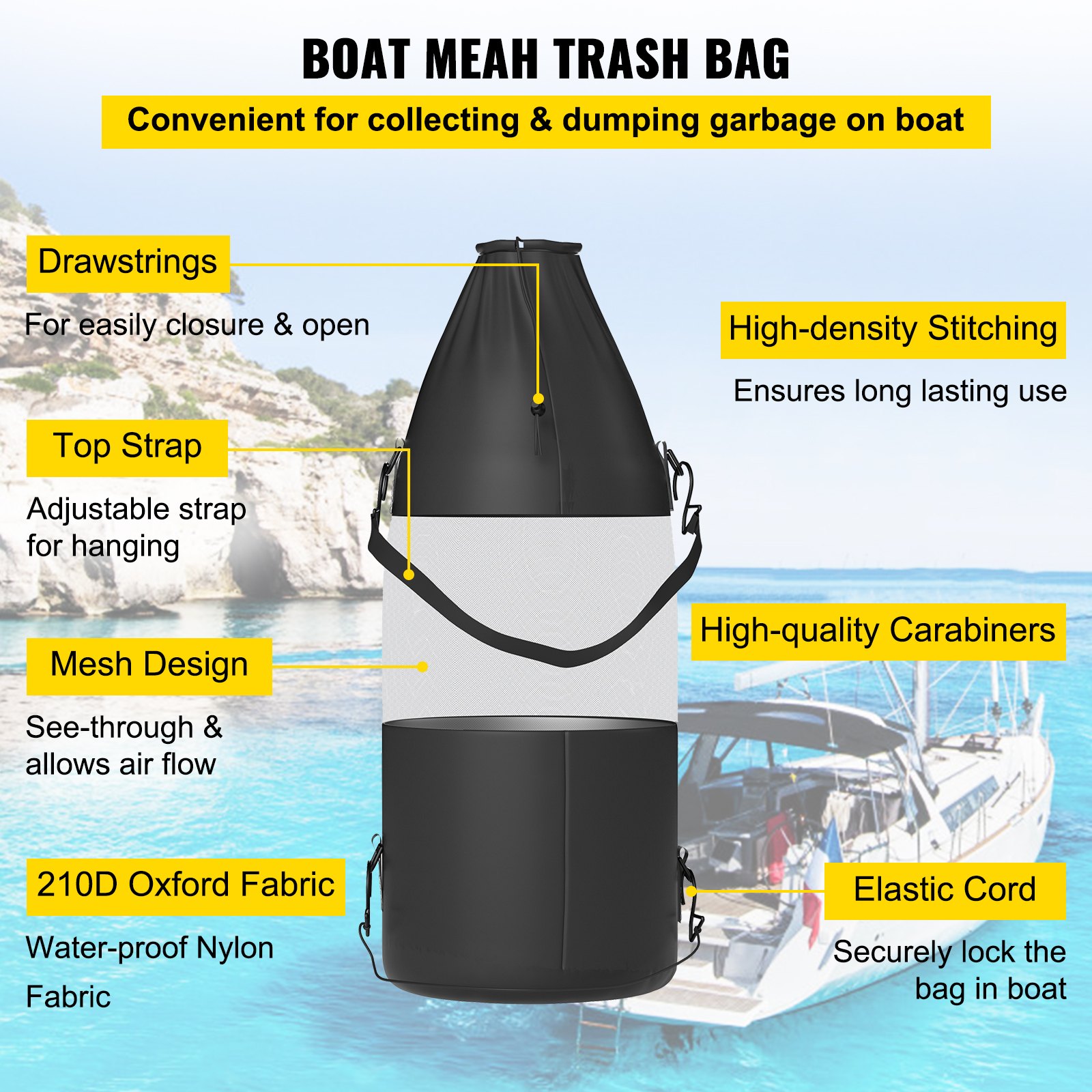 VEVOR T-Top Storage Bag, for 6 Type II Life Jackets, with a Boat Trash Bag, 600D Oxford Fabric Life Vests Storage Bag for Most T-Top Boats, Bimini Tops and Pontoon Tops (Life Jackets not Included)