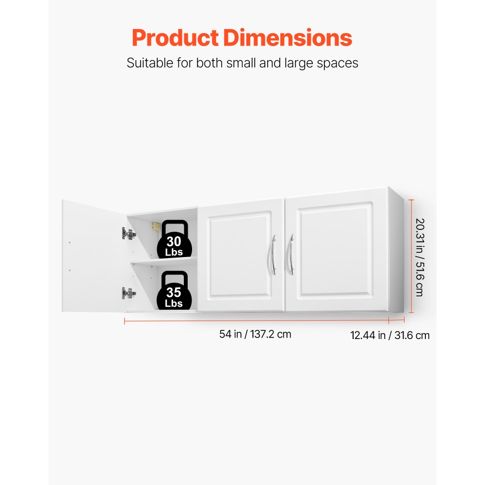 VEVOR Laundry Room Wall Cabinet, 2-Tier Wall Mounted Hanging Cabinet with Adjustable Shelf, Cupboard Storage with 3 Doors, for Kitchen, Bathroom, Laundry, 31.6 x 137.2 x 51.6 cm (D x W x H), White