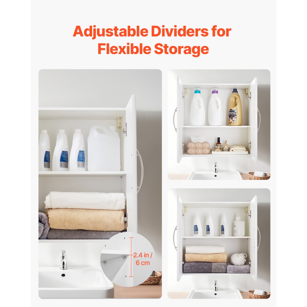 VEVOR Laundry Room Wall Cabinet, 2-Tier Wall Mounted Hanging Cabinet with 2 Doors, Cupboard Organizer with Adjustable Shelf, for Bathroom, Kitchen, Garage, Laundry, 30 x 60 x 60 cm (D x W x H), White