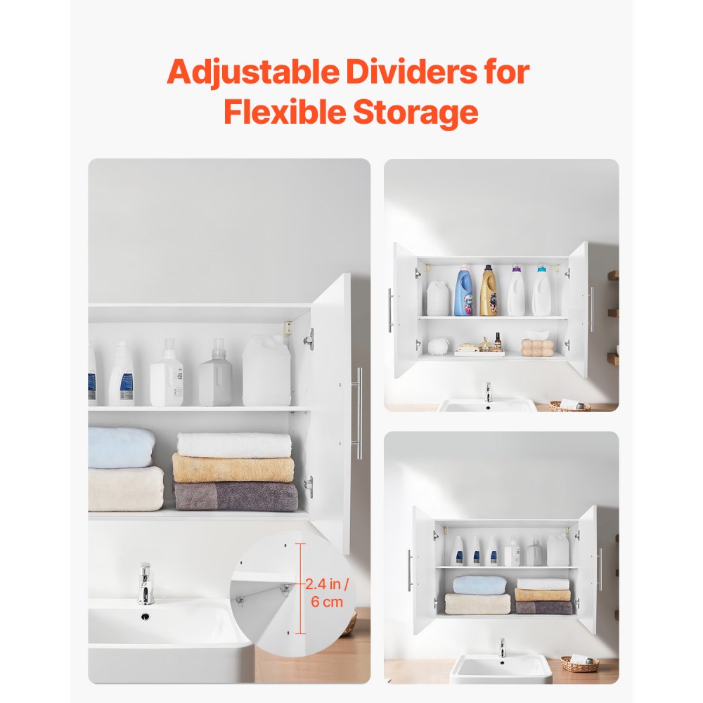 VEVOR Laundry Room Wall Cabinet, 2-Tier Wall Mounted Hanging Cabinet with 2 Doors, Cupboard Organizer with Adjustable Shelf, for Bathroom, Kitchen, Garage, Laundry, 16 x 36 x 24 in (D x W x H), White