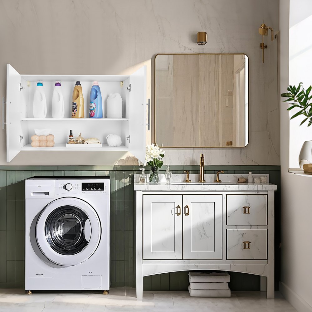 VEVOR Laundry Room Wall Cabinet, 2-Tier Wall Mounted Hanging Cabinet with 2 Doors, Cupboard Organizer with Adjustable Shelf, for Bathroom, Kitchen, Garage, Laundry, 16 x 36 x 24 in (D x W x H), White