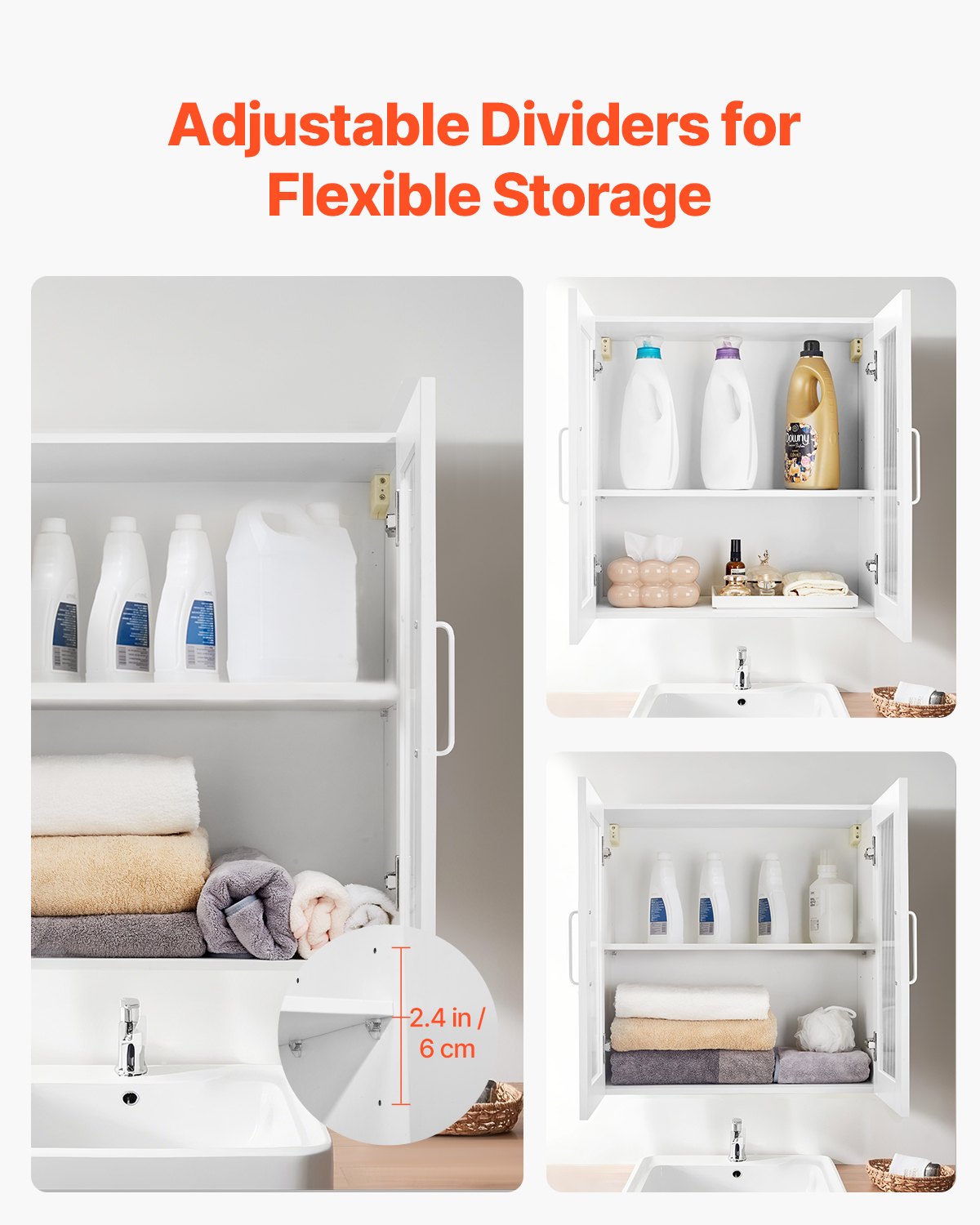 VEVOR Laundry Room Wall Cabinet, 2-Tier Wall Mounted Cabinet with 4 Doors, Cupboard Organizer with Adjustable Shelf, for Kitchen, Garage, Laundry, Set of 2, Each 30.5 x 61 x 61 cm (D x W x H), White