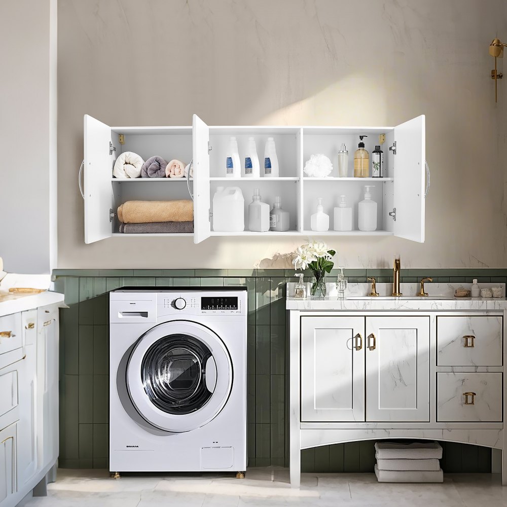 VEVOR Laundry Room Wall Cabinet, 2-Tier Wall Mounted Hanging Cabinet with 3 Doors, Cupboard Organizer with Adjustable Shelf, for Kitchen, Garage, Laundry, 31.6 x 137.2 x 51.6 cm (D x W x H), White