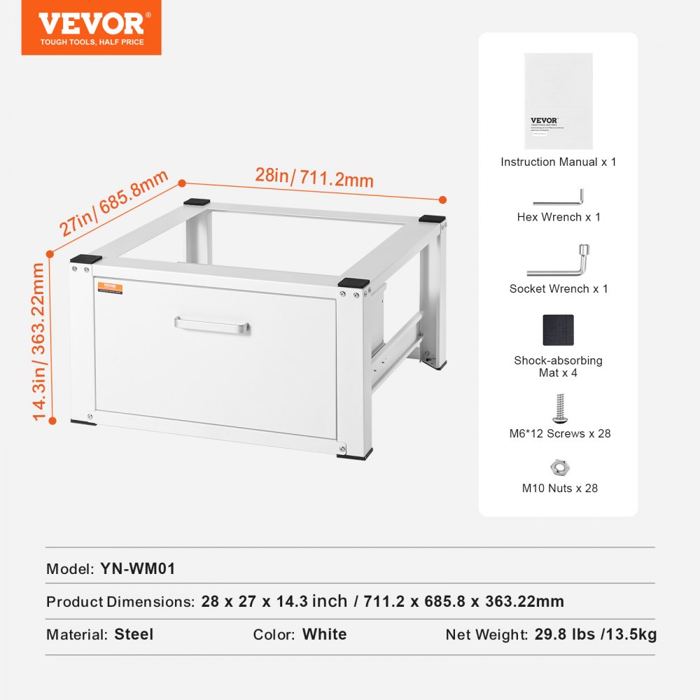 VEVOR laundry pedestal in white steel, 28 x 27 x 14.3 inches with drawer, tools, and assembly parts.