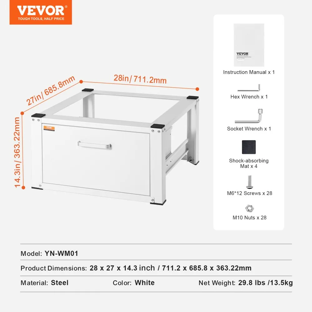 VEVOR Laundry Pedestal 686mmW x 366mmH, Washer And Dryer Base Stand Platform Universal Fit 299kg Capacity, Heavy Duty Multi-Functional Base for Washing Machine with Drawer & Rich Accessories