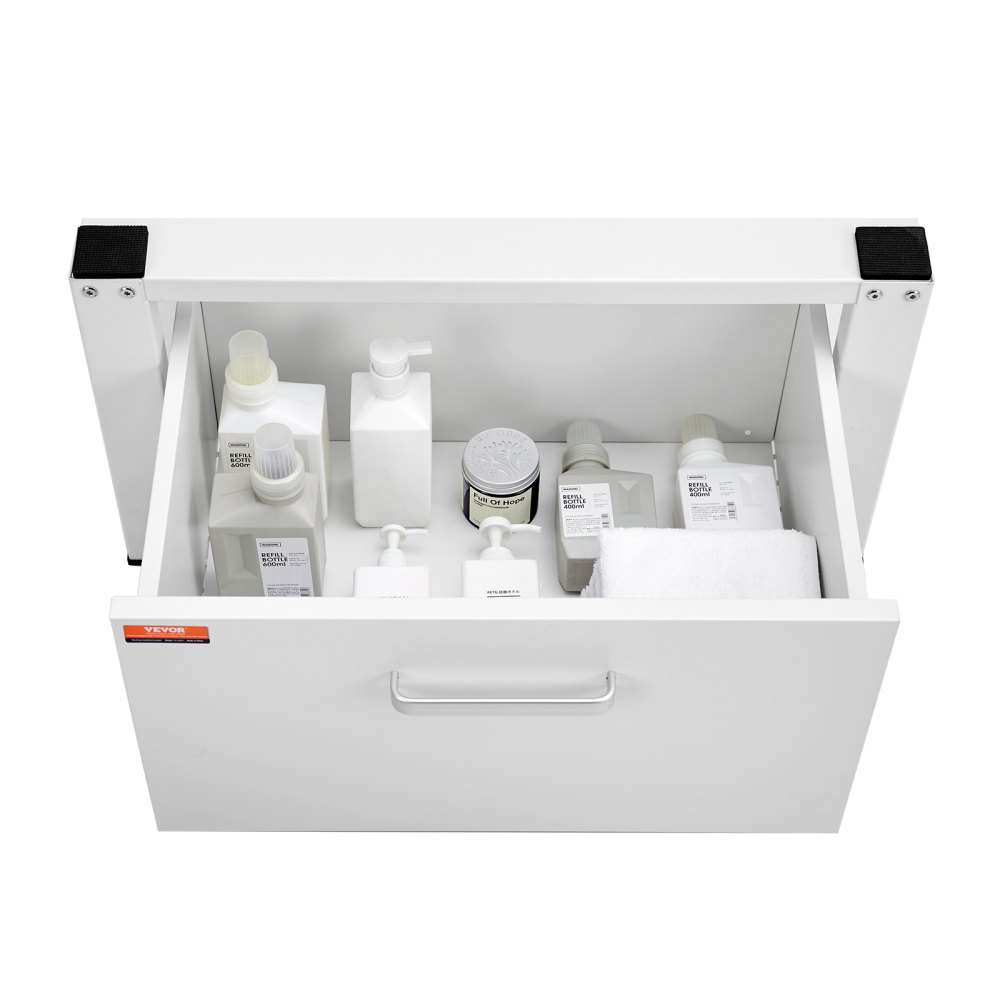 VEVOR laundry pedestal drawer stocked with detergent bottles, containers, and a folded towel.