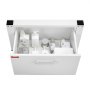 VEVOR laundry pedestal drawer stocked with detergent bottles, containers, and a folded towel.