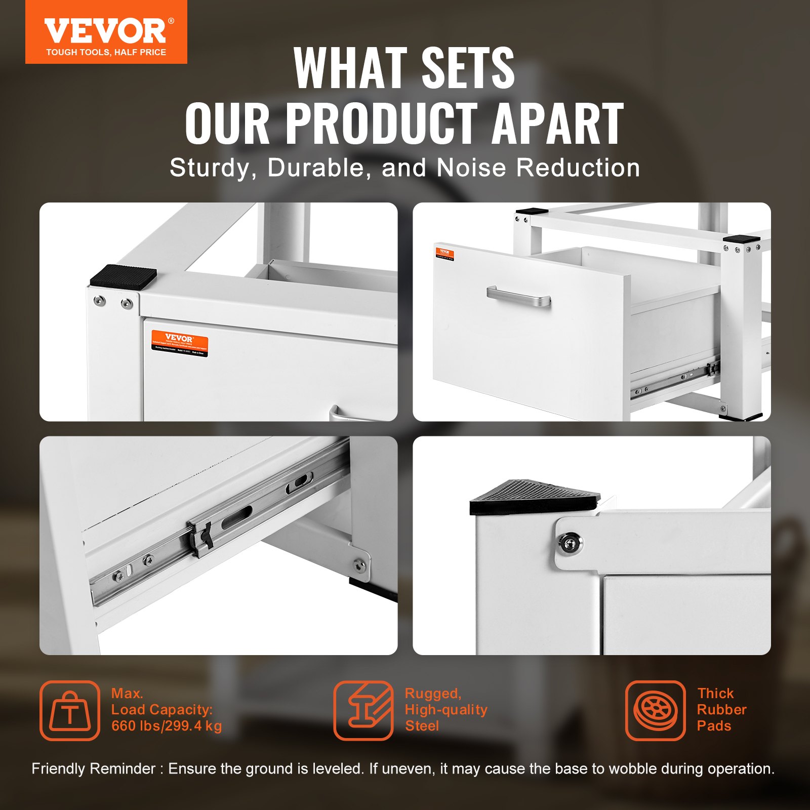 VEVOR laundry pedestal with high-quality steel, thick rubber pads, and a 660 lbs max load capacity.
