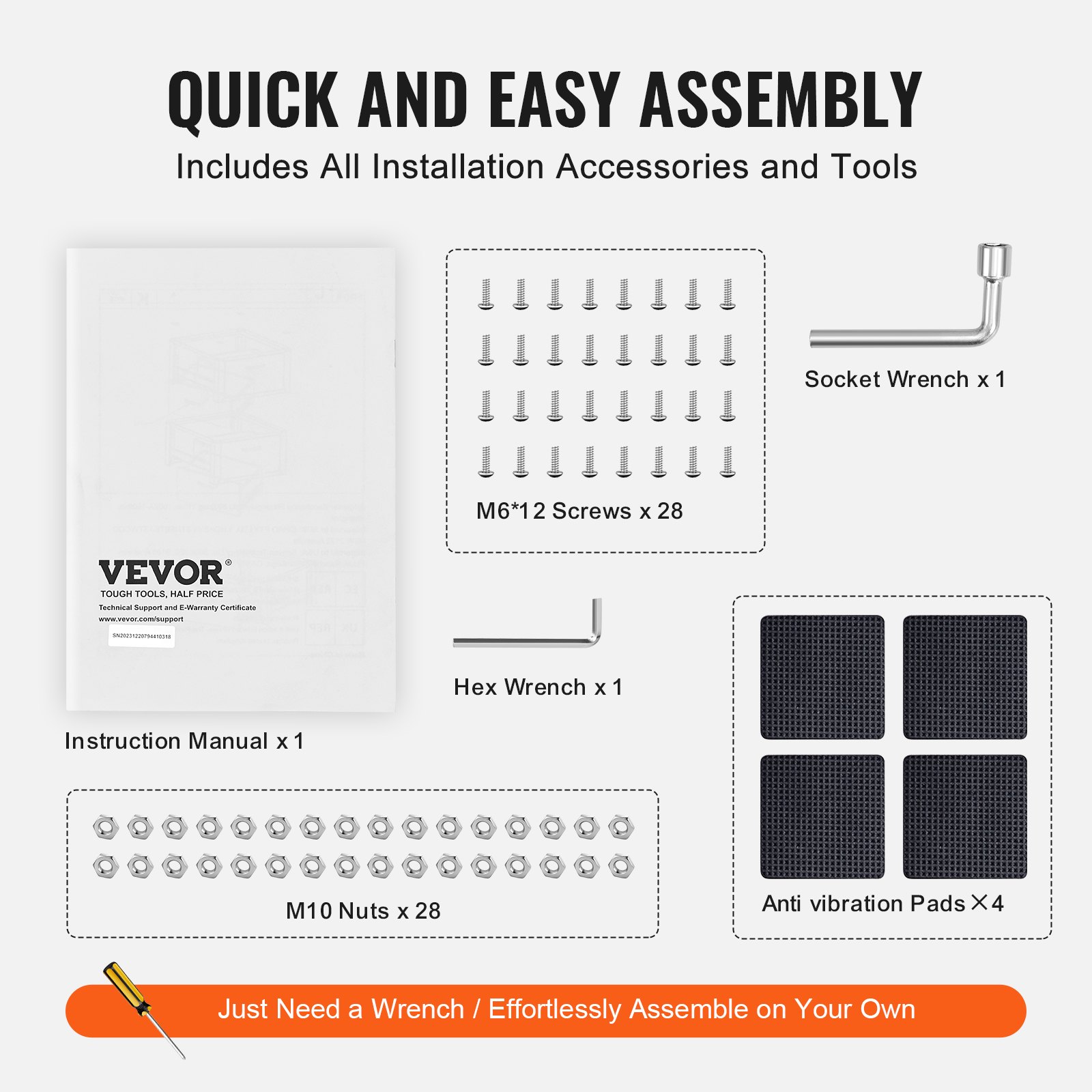 VEVOR laundry pedestal assembly kit with screws, nuts, wrenches, anti-vibration pads, and manual.