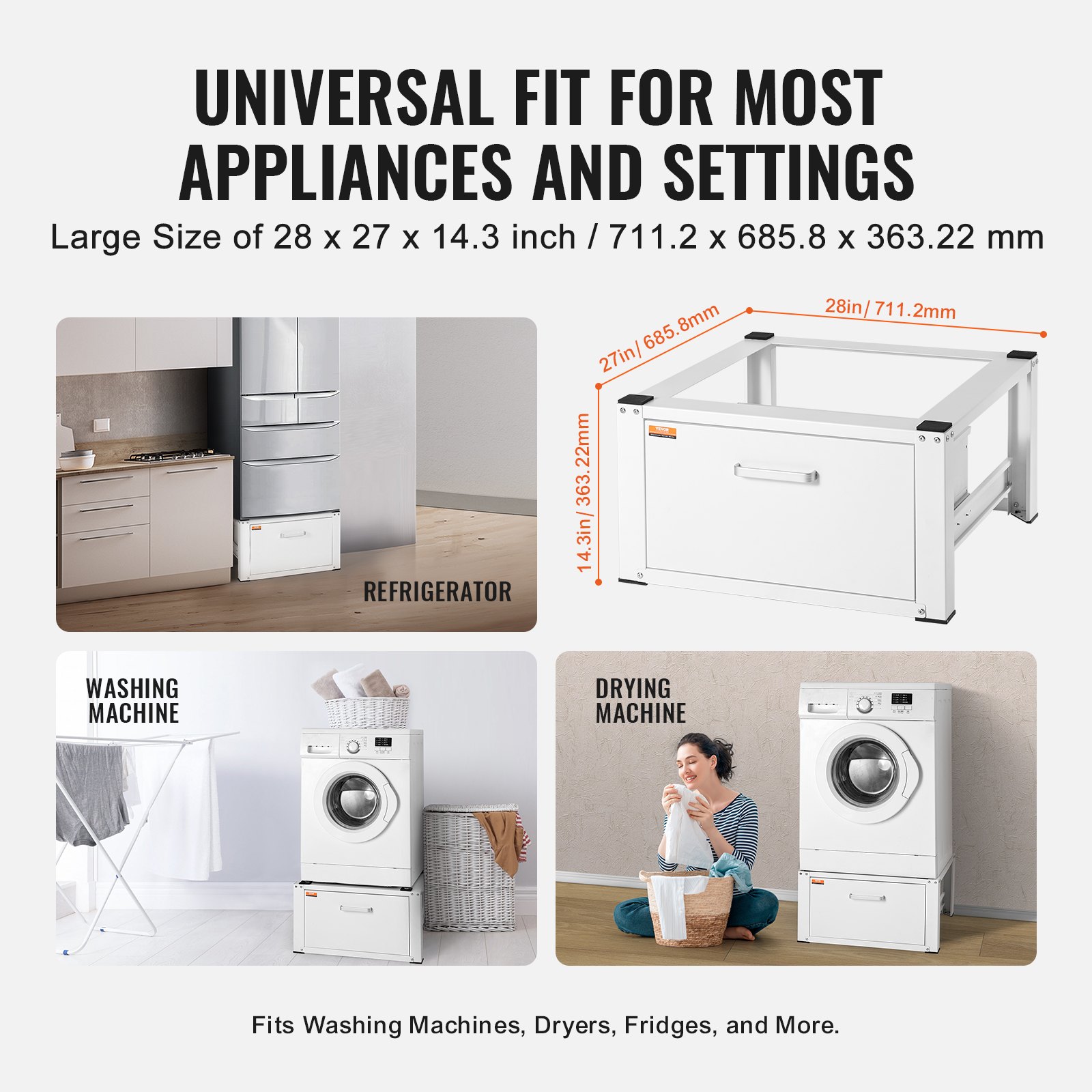 VEVOR laundry pedestal supports refrigerators, washing machines, and dryers with large size compatibility.