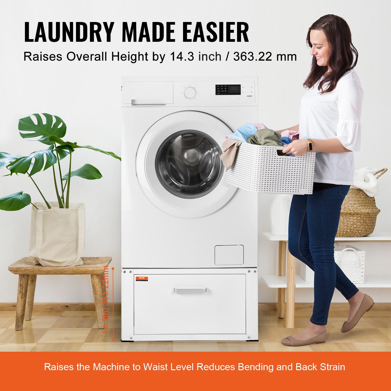 VEVOR laundry pedestal raises washing machine height, reducing bending and back strain. laundry made easier!
