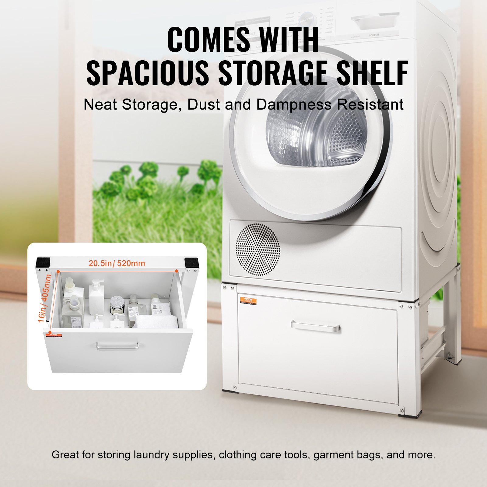 VEVOR laundry pedestal with spacious storage shelf for laundry supplies and clothing care tools.