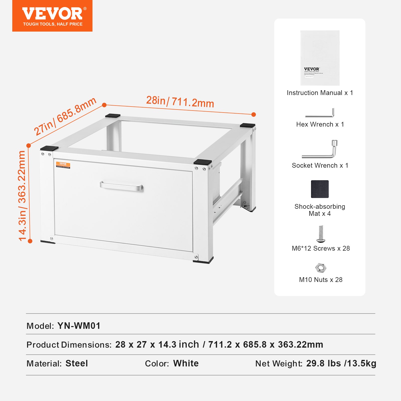 VEVOR laundry pedestal in white steel, 28 x 27 x 14.3 inches with drawer, tools, and assembly parts.