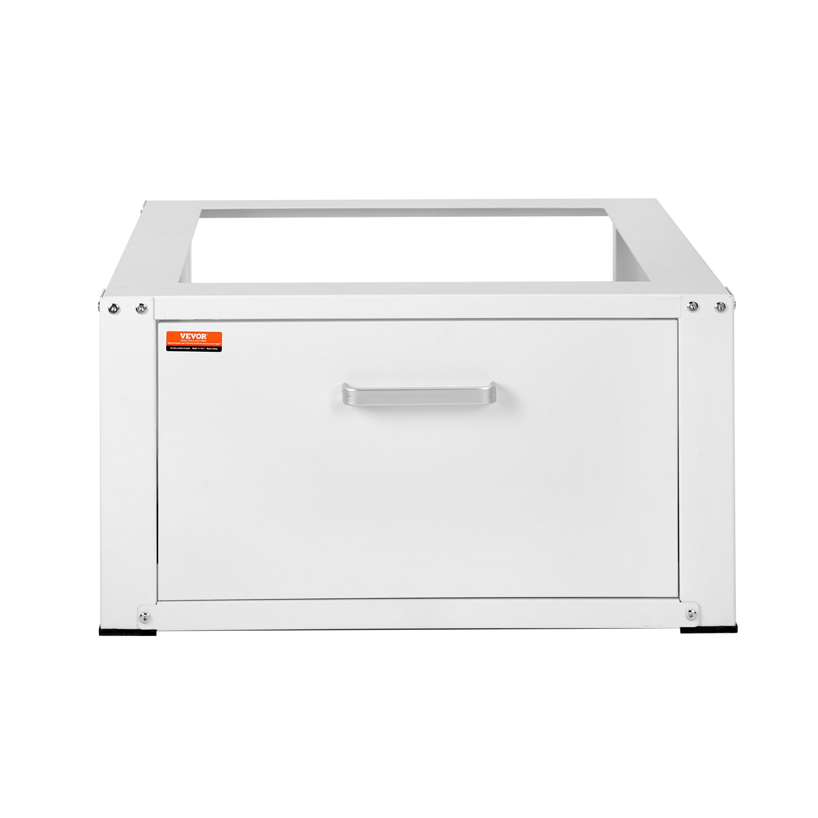 white VEVOR laundry pedestal with a storage drawer and metal handle.