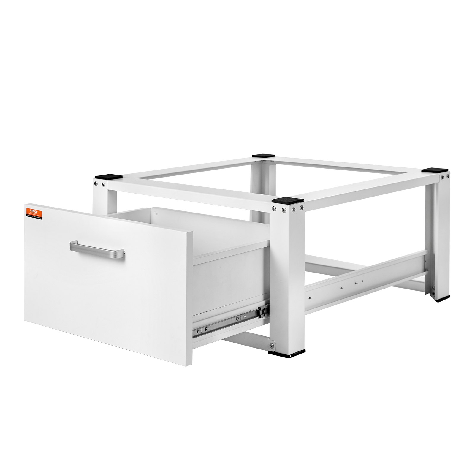 white metal VEVOR laundry pedestal with open storage drawer, designed to elevate and organize laundry units.