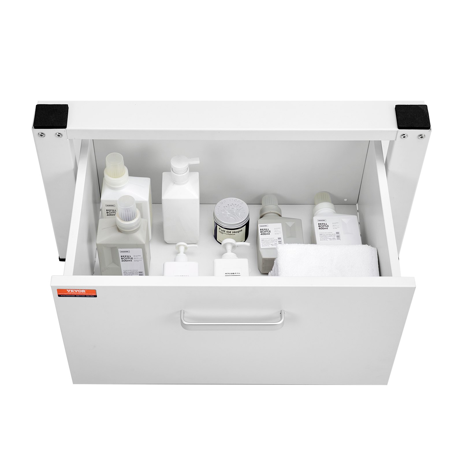 VEVOR laundry pedestal drawer stocked with detergent bottles, containers, and a folded towel.