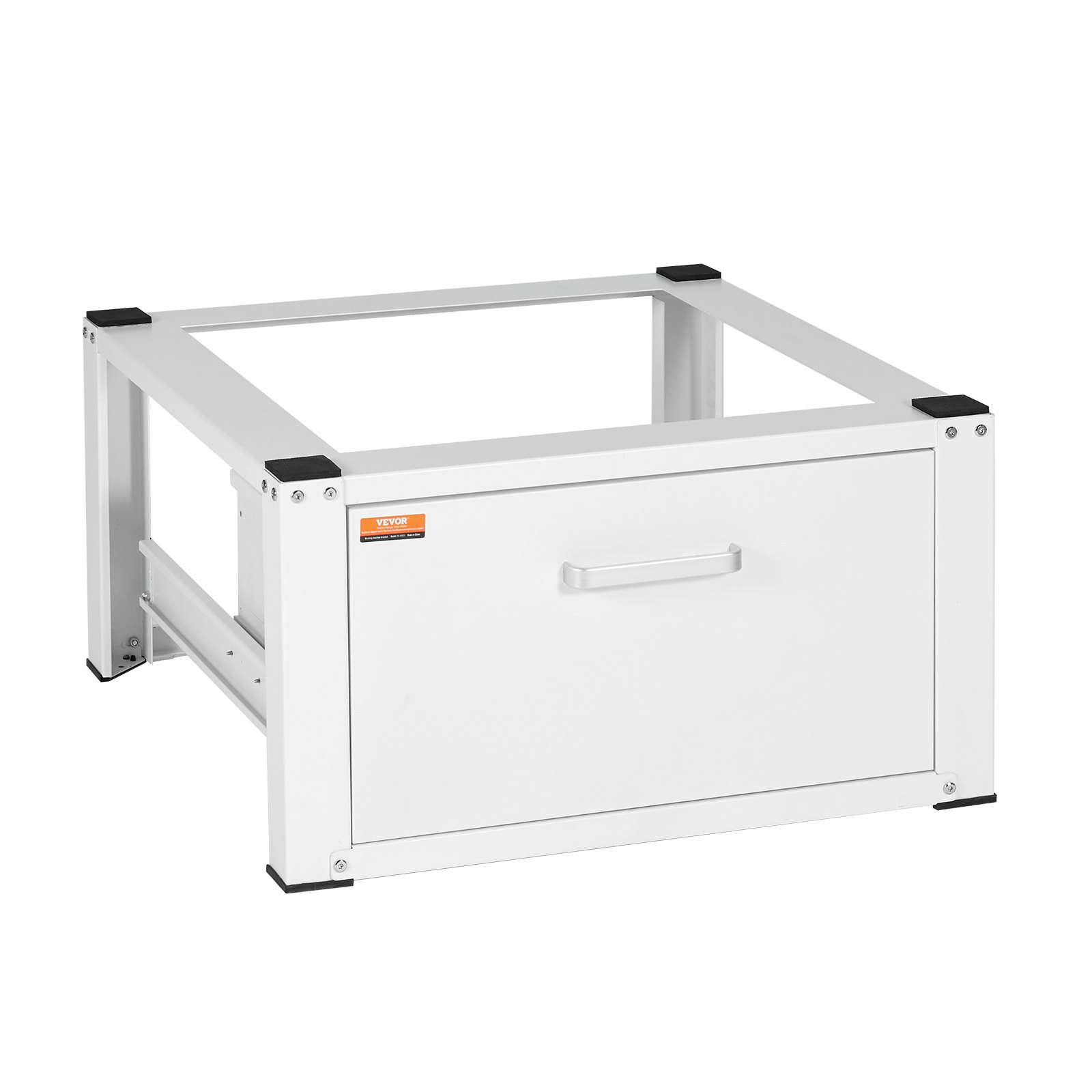 VEVOR laundry pedestal with white drawer and black corner protectors for washing machine support.