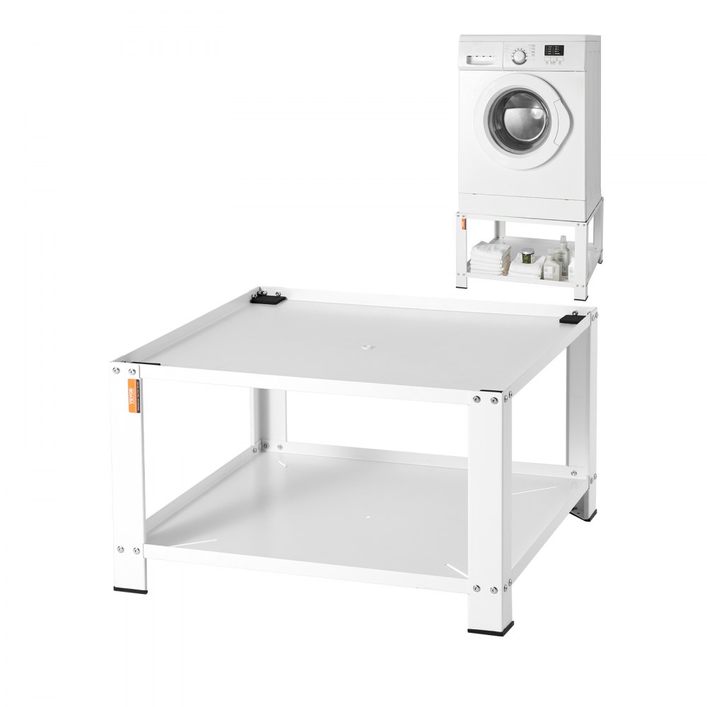 white VEVOR laundry pedestal with storage, showing a washing machine on top and shelf below.