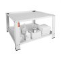 VEVOR laundry pedestal with detergent bottles, folded towels, and fabric softener on lower shelf