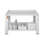 VEVOR laundry pedestal with storage shelf holding detergent bottles, towels, and a small container.