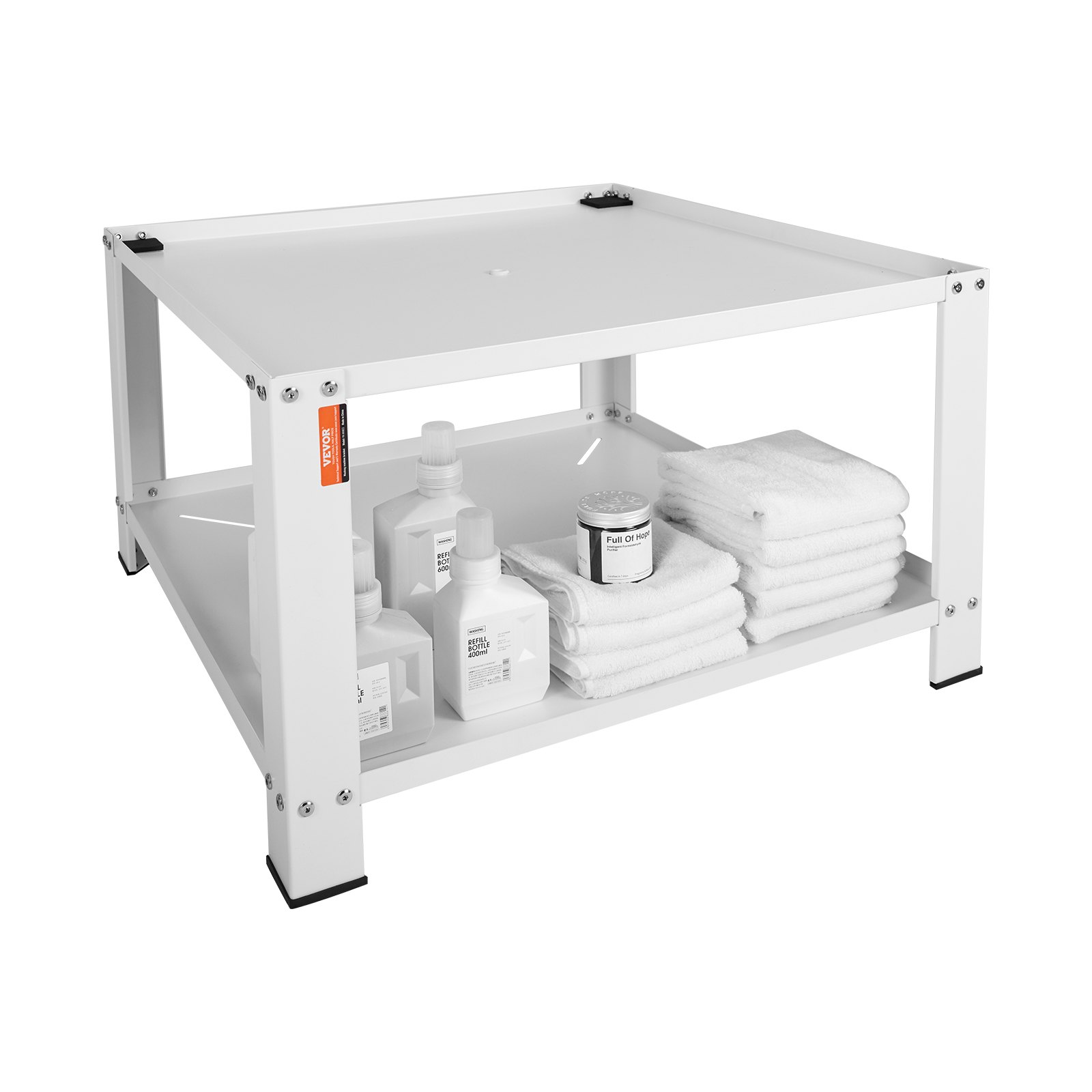 VEVOR laundry pedestal with detergent bottles, folded towels, and fabric softener on lower shelf
